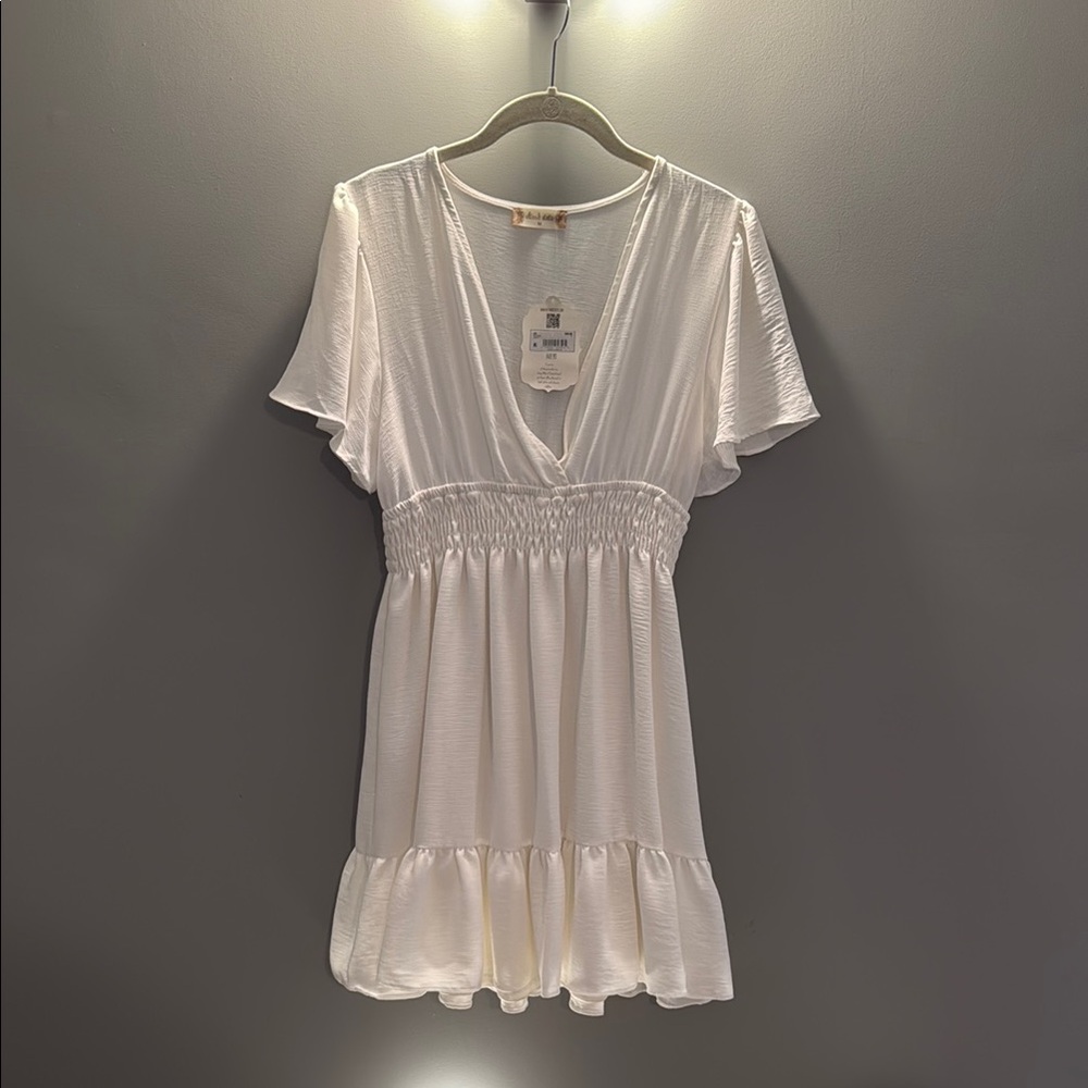 Altar’d State White Smocked Waist Flutter Sleeve Mini Dress fully lined